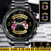 Personalisierte britische Soldat/Veteran mit Namen und Rang schwarze Edelstahl-Armbanduhr