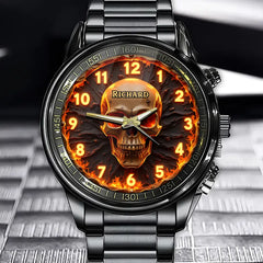 Personalized Blazing Fire Skull Watch - Custom Timepiece for the Bold and Fearless