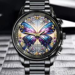 Celestial Butterfly Watch - Custom Name Crystal Art Watch in Royal Blue & Purple