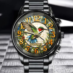 Personalized Hummingbird Stained Glass Print Watch with Custom Name