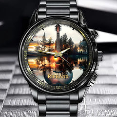 Personalized Sunset Reflection Guitar Watch - Add Your Name for a Timeless Design