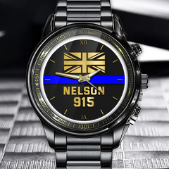 Personalisierter britischer Polizei-Blue-Line-Namens- und Ausweis-Armbanduhr