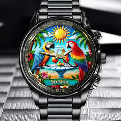 Personalized Parrot-Themed Watch - Vibrant Tropical Design with Name Customization