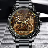 Personalized Gold Forest & Motorcycle Watch – Perfect Gift for Riders