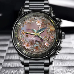 Personalized Hummingbird & Floral Watch with Custom Name - A Delicate Timepiece for Nature Lovers