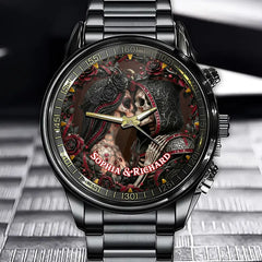 Personalized Gothic Skull Couple Watche - Custom Names Perfect For Anniversaries & Valentine's Day