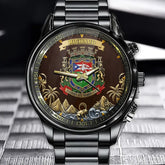 Personalized Puerto Rico National Coat of Arms Watch - "JOANNES EST NOMEN EIUS" & Castle/Lion/Palm Tree Themed Dial with Custom Name