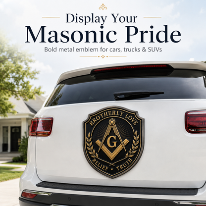 Freemason Metal Car Emblem – Brotherhood, Relief & Truth Masonic Badge for Cars, Trucks & Toolboxes