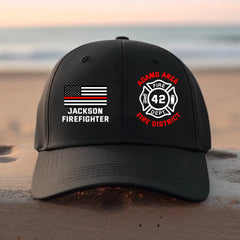 Personalized US Firefighter Flag Custom Name, Department & ID Black Cap Printed