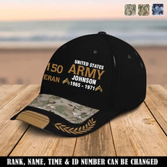 Personalized US Army Airforce Navy Veteran Rank Gold Custom ID, Name & Service Time Cap 3D Printed