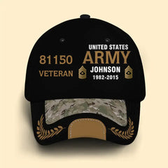 Personalized US Army Airforce Navy Veteran Rank Gold Custom ID, Name & Service Time Cap 3D Printed