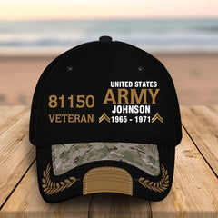 Personalized US Army Airforce Navy Veteran Rank Gold Custom ID, Name & Service Time Cap 3D Printed