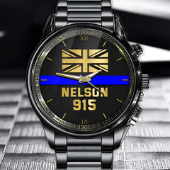 Montre personnalisée avec nom et identification de la police britannique Blue Line