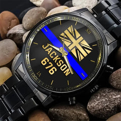 Montre personnalisée avec nom et identification de la police britannique Blue Line