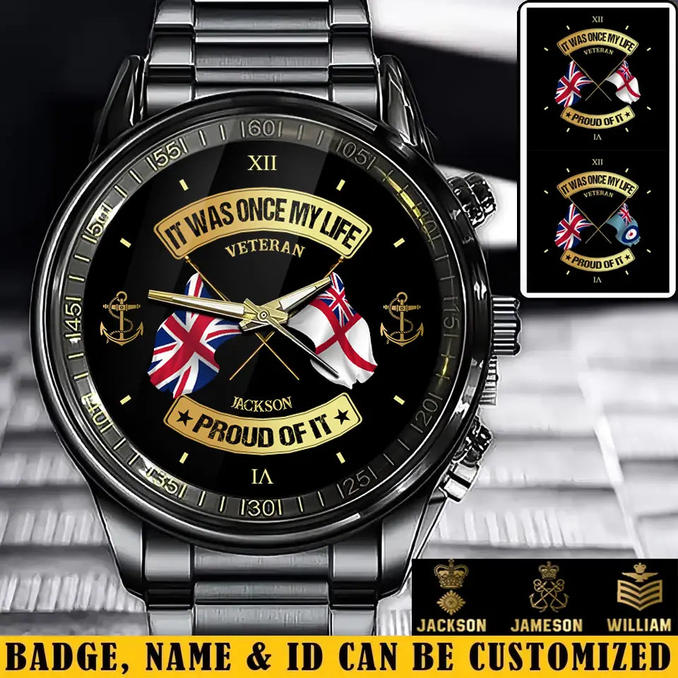 Montre personnalisée en acier inoxydable noir pour soldat/vétéran britannique avec nom et grade