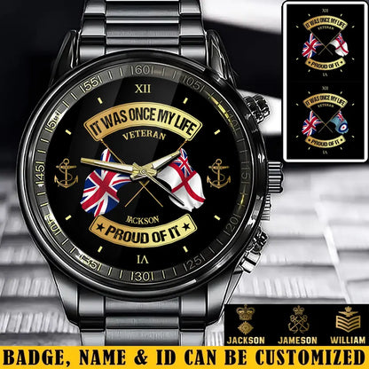 Montre personnalisée en acier inoxydable noir pour soldat/vétéran britannique avec nom et grade
