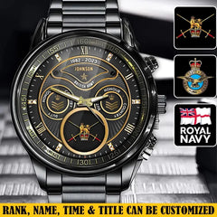 Customized British Veteran Military Insignia & Rank Gold Watch with Personalized Name & Service Dates