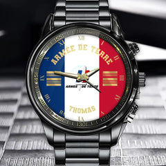 Montre en Acier Noir Personnalisée pour Soldat/Vétéran Français avec Nom, Grade et Année