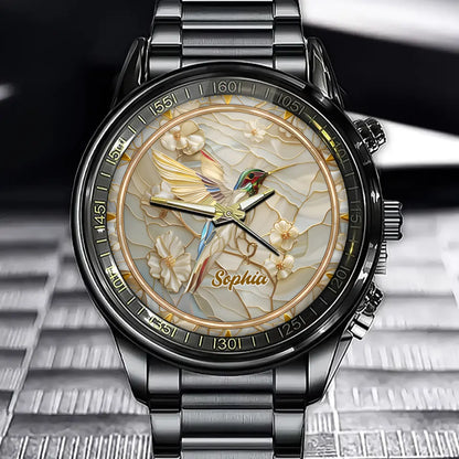 Personalized Hummingbird & Floral Watch - Custom Name Engraved Timepiece for Nature Lovers