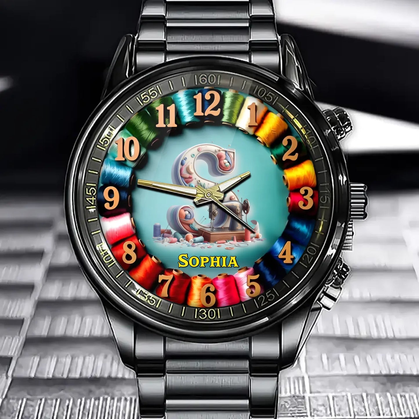 Personalized Alphabet Sewing Watch – Custom Letter & Name, Colorful Spool Design