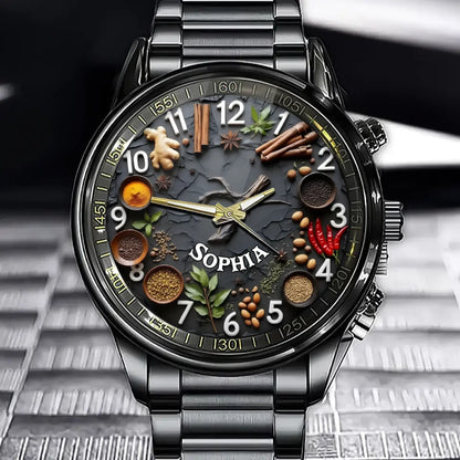 Personalized Cooking Enthusiast Watch - Spice Collection Design And Custom Name Personalization