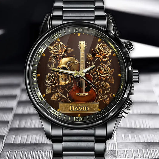 Personalized Guitar & Skull Themed Watch - Elegant Rose Accent Design with Custom Name Option