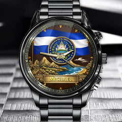 Personalized El Salvador Flag And Coat Of Arms Watch - A Gift For Those Who Love Cultural Pride.