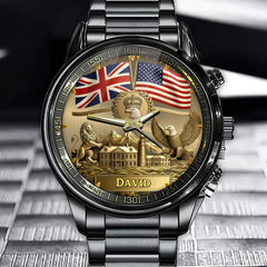 Personalized Dual Flags Watch with Custom Lion and Eagle Design for British Americans