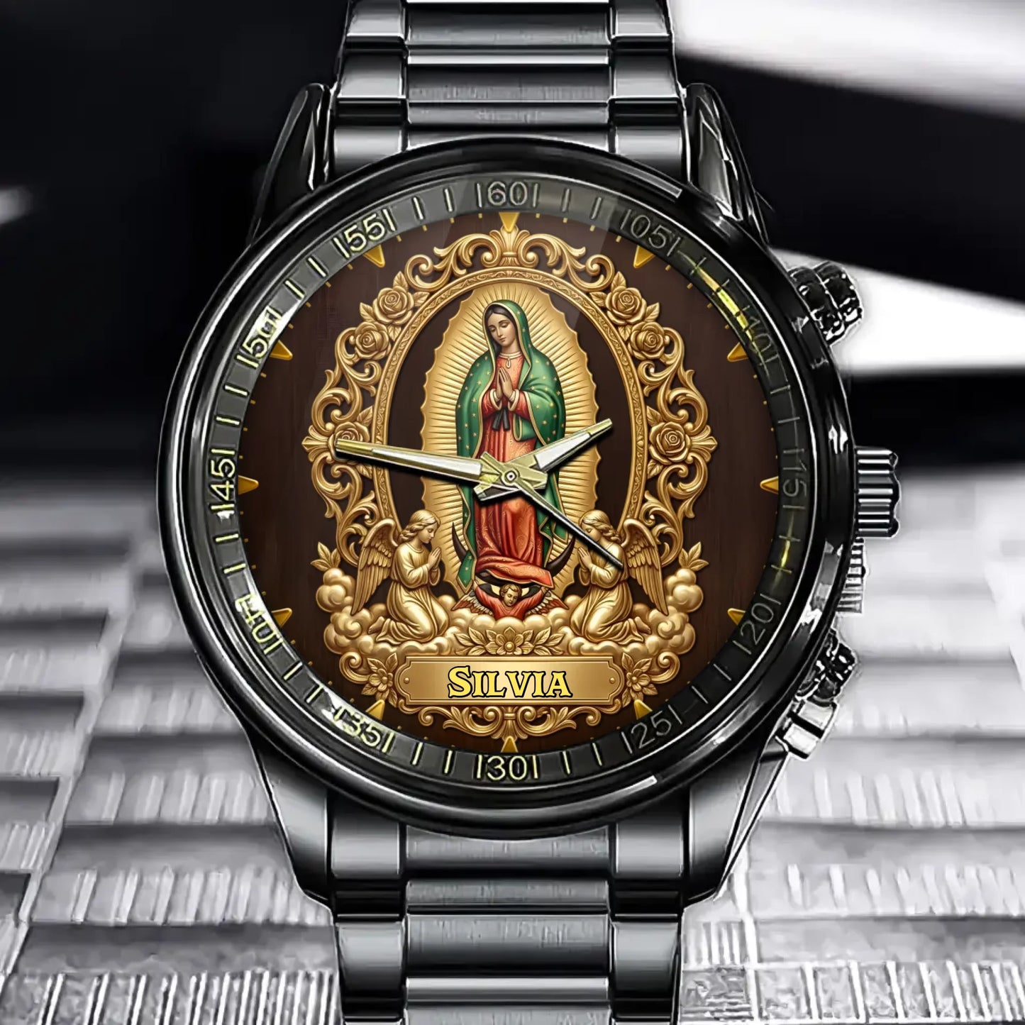 Personalized Our Lady of Guadalupe Watch – Custom Name, Elegant Religious Motif
