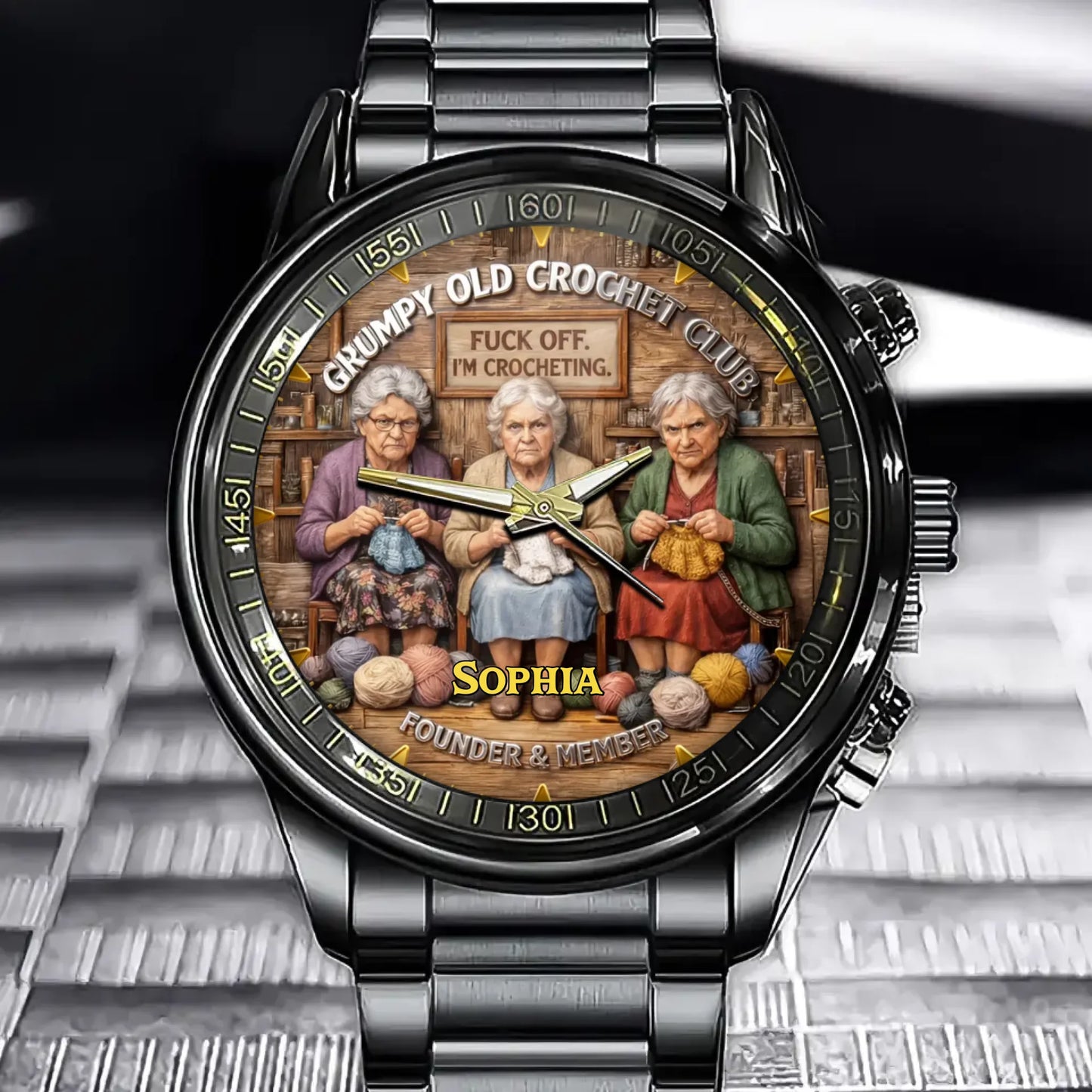 Personalized Grumpy Old Crochet Club Watch with Name Customization