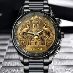 Personalized Indian Legacy Watch - Custom Name with Taj Mahal and National Symbols