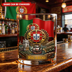Personalized Portugal Heritage Whiskey Glass – Custom Name With Flag and Crest