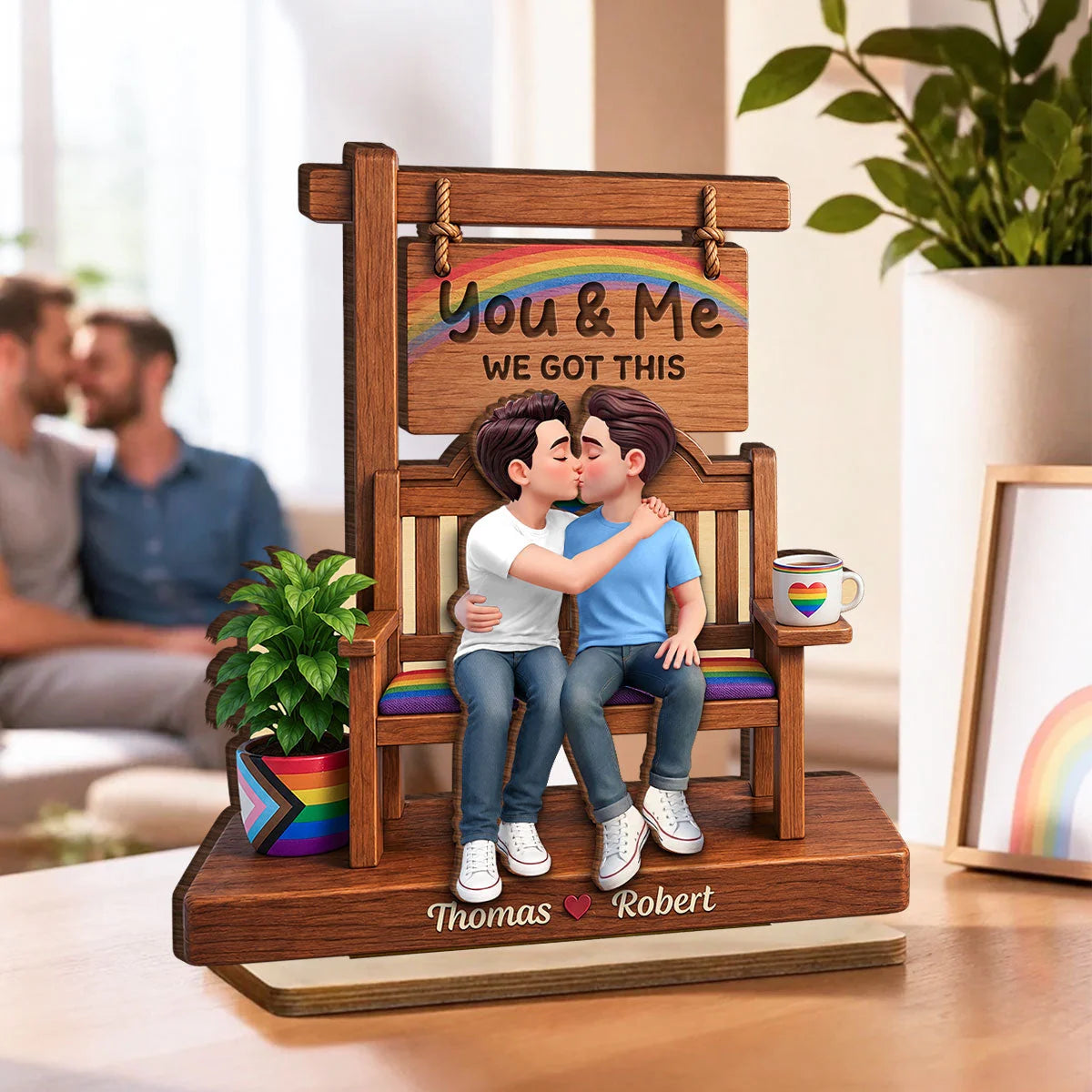 Custom Pride Couple Wooden Plaque - Personalized LGBTQ Wedding Gifts For Him & Her - Love Always Wins