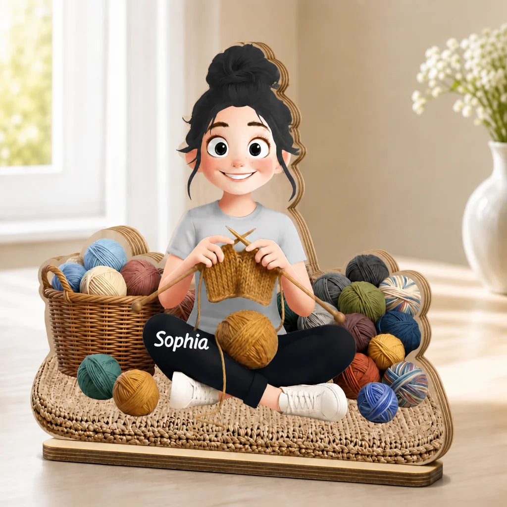 Custom Wooden Crochet Girl Ornament - Personalized Gifts For Knitters & Yarn Lovers