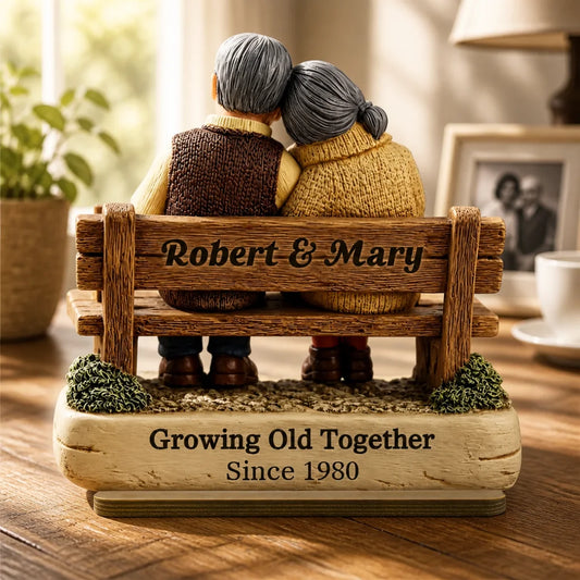 Custom Wooden Couple Bench Figurine - Personalized Anniversary Gifts For Husband & Wife - Growing Old Together