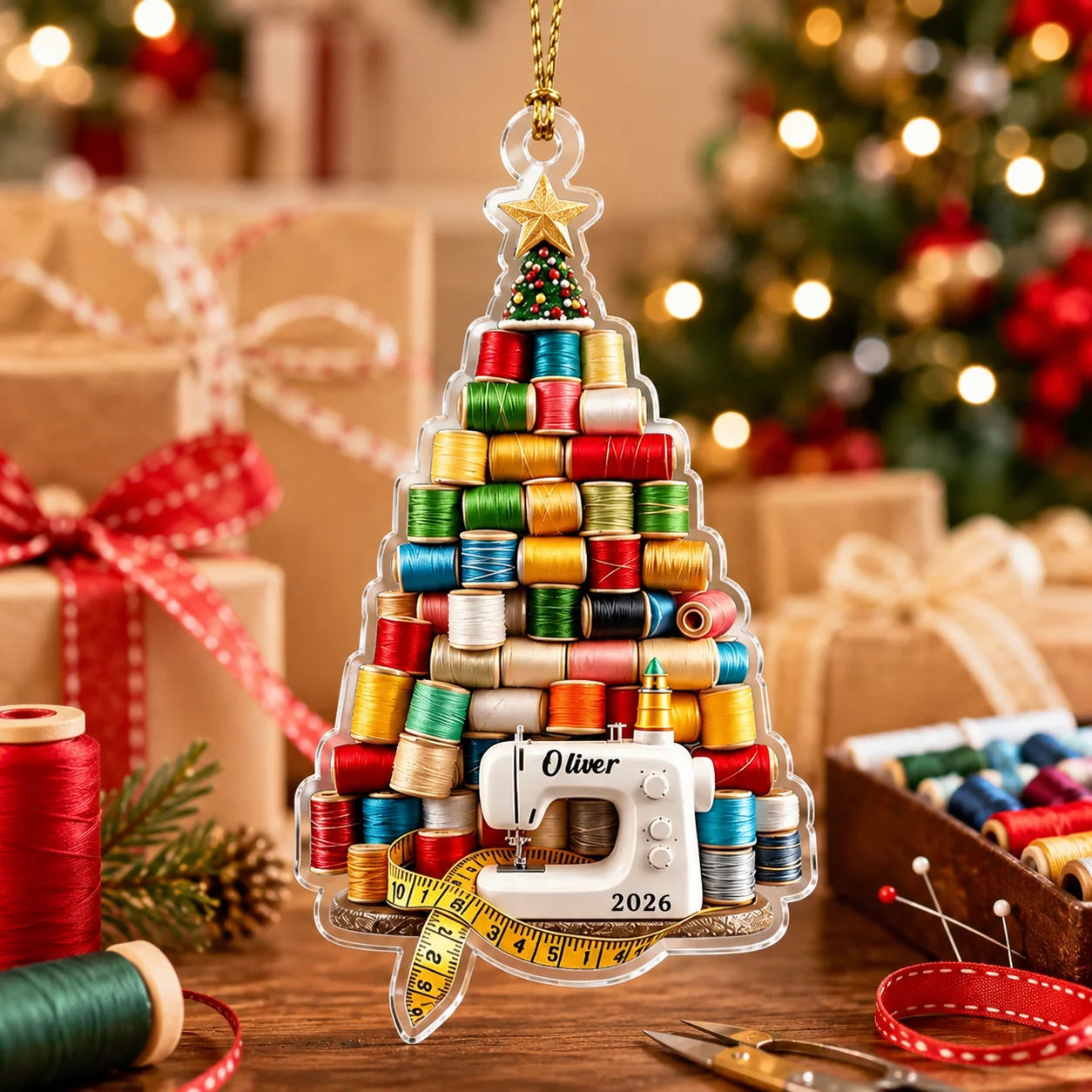 Custom Acrylic Sewing Thread Christmas Ornament - Personalized Holiday Gifts For Sewers & Quilters - Stitched With Christmas Cheer