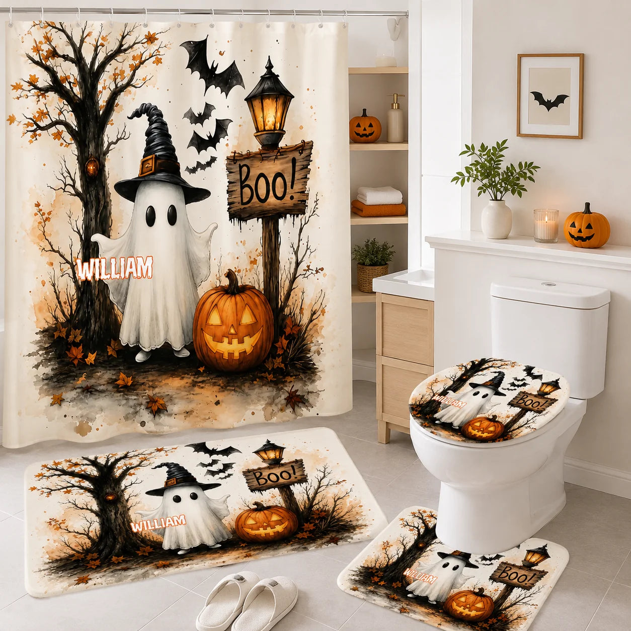 Custom Halloween Bathroom Set - Personalized Spooky Bathroom Decor - A Little Boo For Your Loo