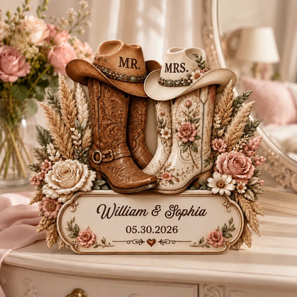 Custom Cowboy Boots Wooden Plaque - Personalized Wedding Gifts For Couples - Two Hearts, One Trail