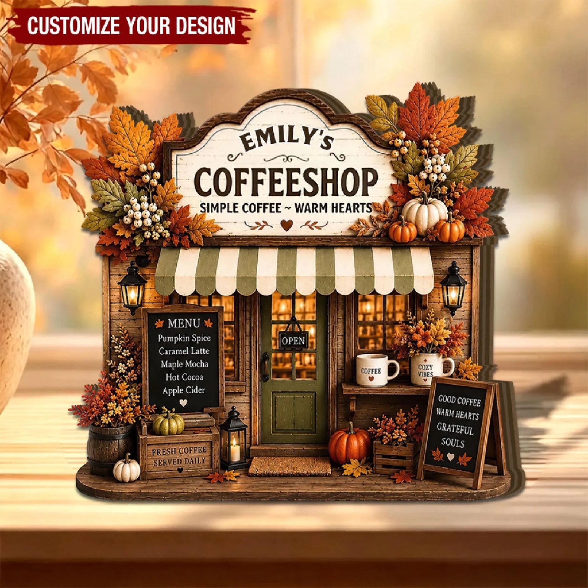 Personalized Autumn Coffee Shop Wooden Block_ Fall