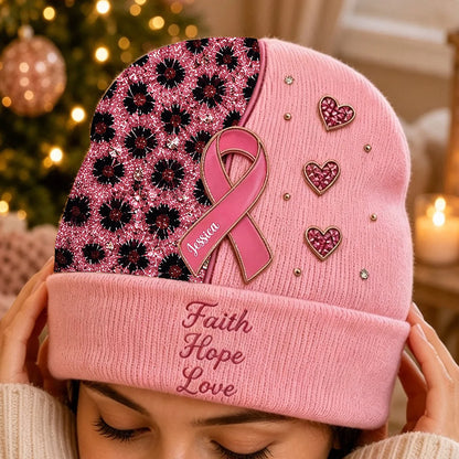 Custom Breast Cancer Awareness Beanie - Personalized Pink Ribbon Gifts For Women - Faith, Hope & Love