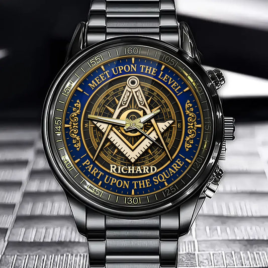 Custom Masonic Watch - Personalized Freemason Gifts For Men - Meet Upon The Level, Part Upon The Square