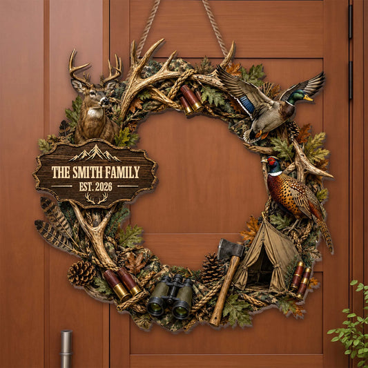 Custom Hunting Wreath Wooden Sign - Personalized Gifts For Hunting Families - Where The Wild Feels Like Home