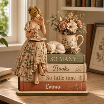 Custom Book Stack Wooden Plaque - Personalized Gifts For Readers & Book Lovers - So Many Books, So Little Time