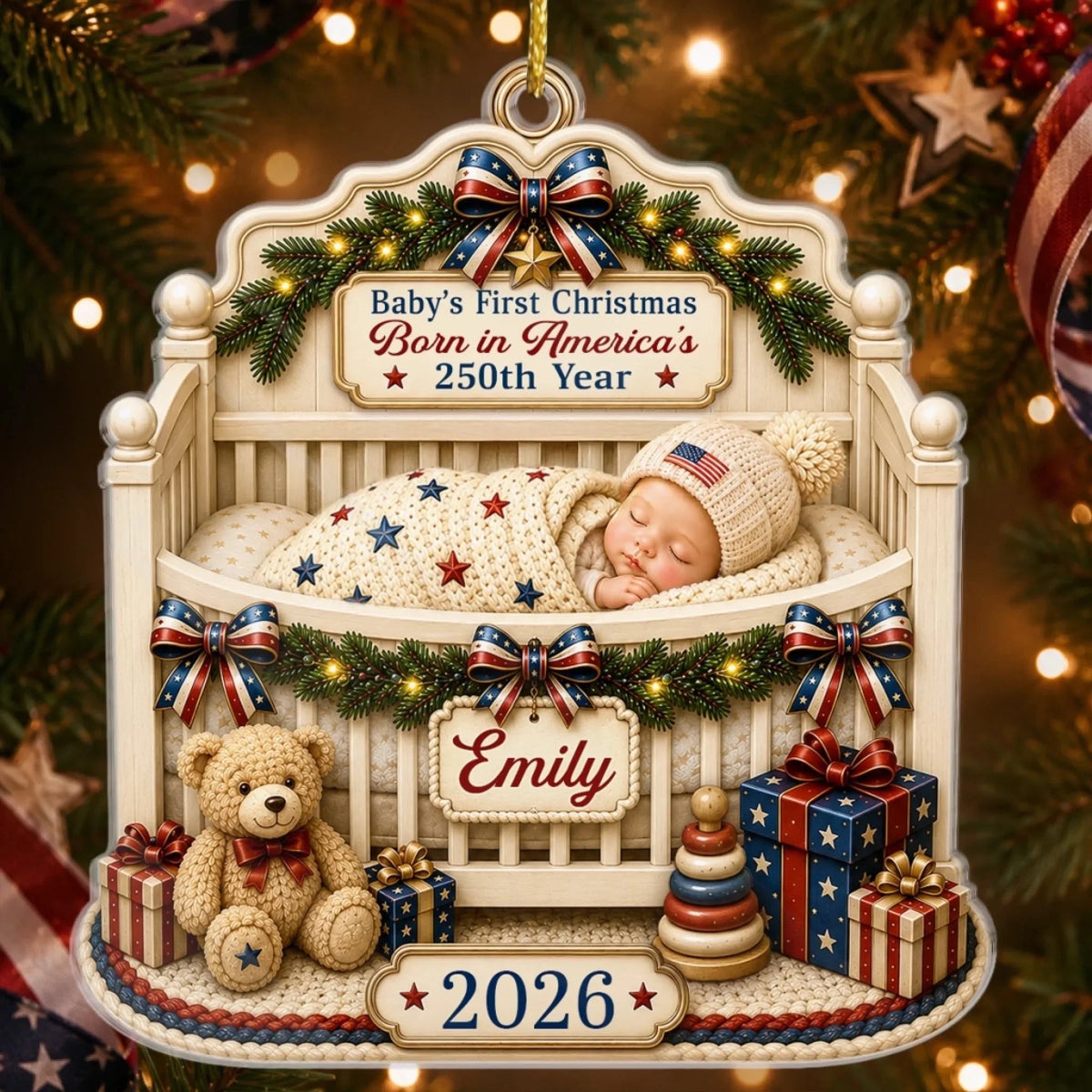 Custom Baby’s First Christmas Acrylic Ornament - Personalized America 250th Anniversary Gifts - Born In A Historic Year