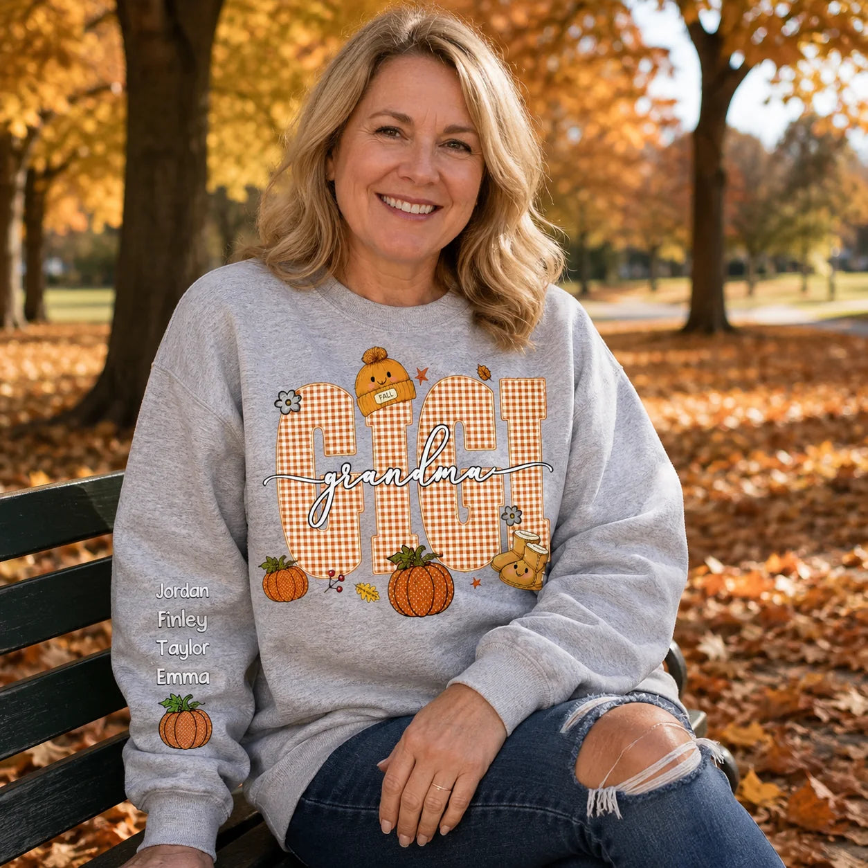 Custom Gigi Sweatshirt - Personalized Grandkids Names Gift - Pumpkin Kisses & Grandma Wishes