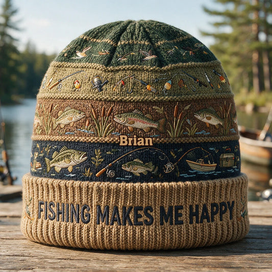 Custom Fishing Beanie - Personalized Gifts For Fishermen - Fishing Makes Me Happy