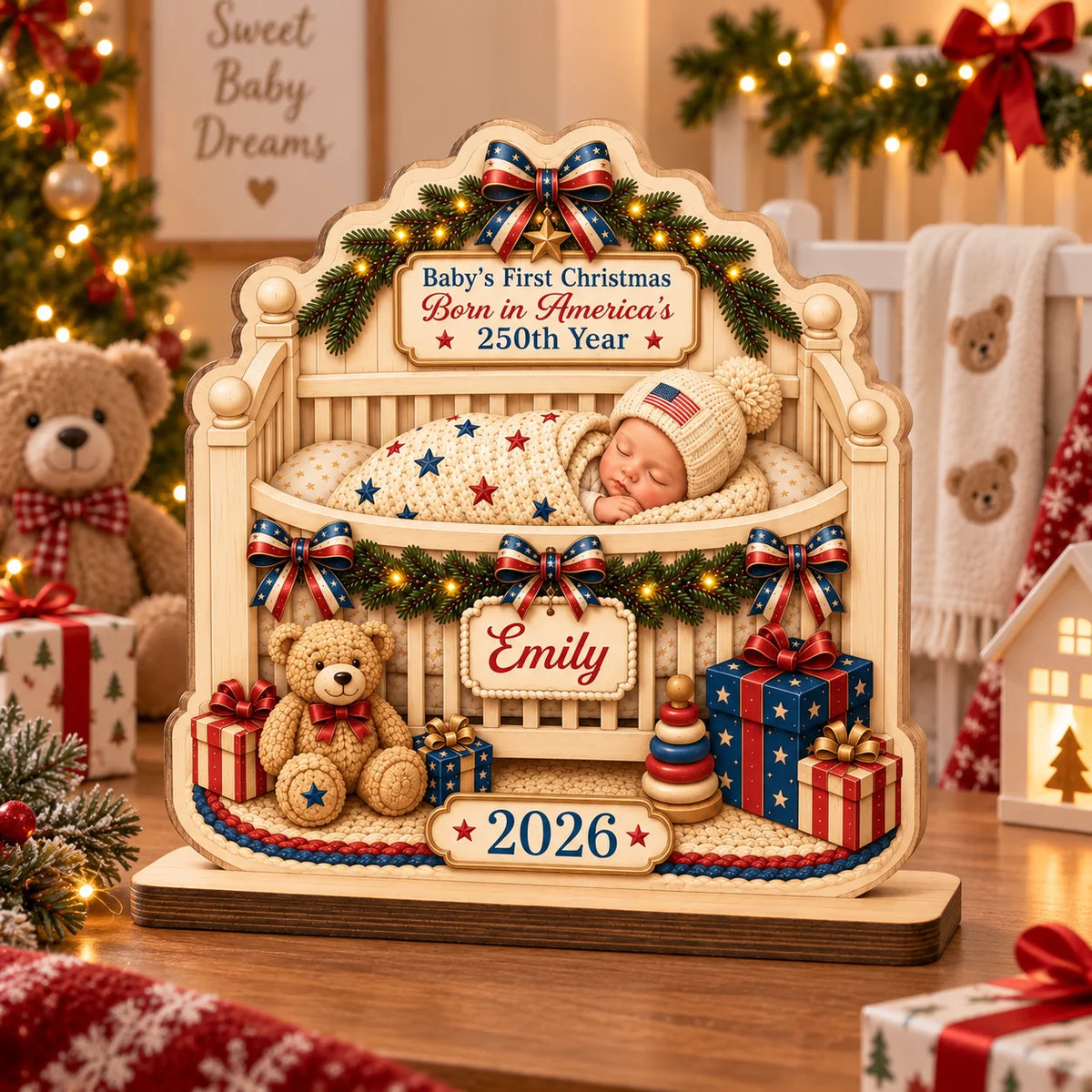 Custom Baby’s First Christmas Wooden Plaque - Personalized America 250th Anniversary Gift - Born In A Historic Year