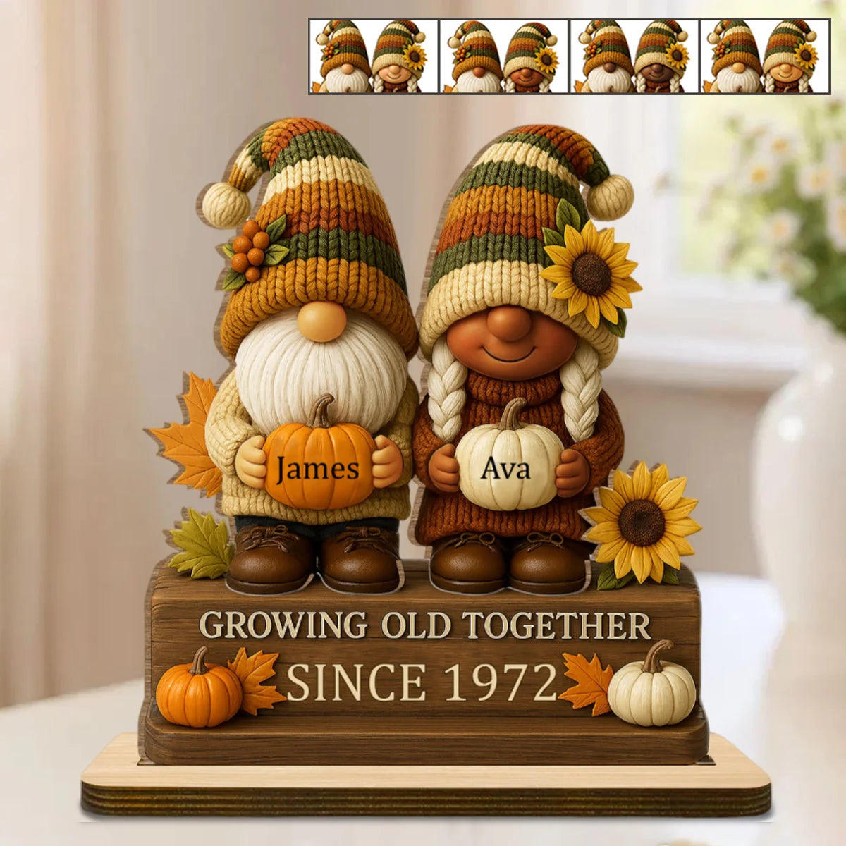 Custom Gnome Couple Wooden Plaque - Personalized Anniversary Gifts For Couples - Growing Old Together