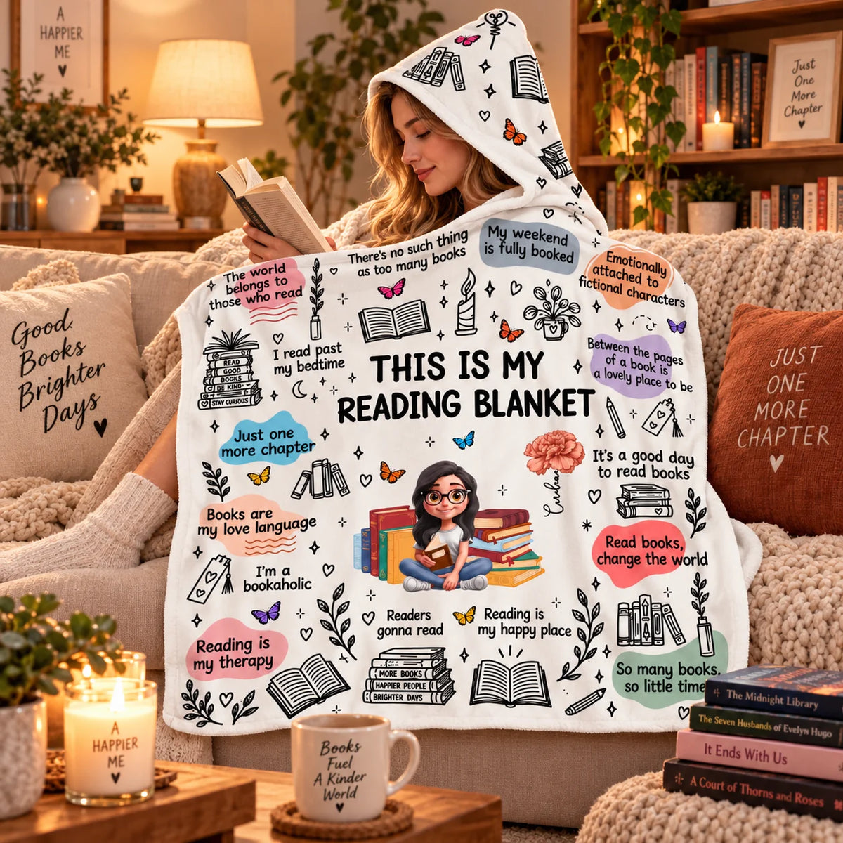 Custom Book Lover Hooded Blanket - Personalized Birth Flower Gifts For Readers - This Is My Reading Blanket