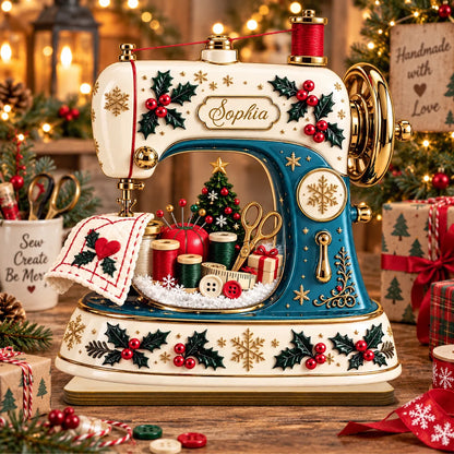 Custom Sewing Machine Wooden Plaque - Personalized Christmas Gift For Sewing Lovers - Stitched With Holiday Cheer